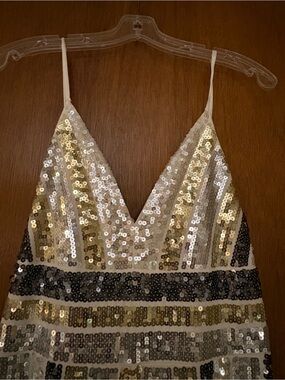 Express Sequin Wide-Leg Jumpsuit - Metallic Striped Glam Party Going Out Size M